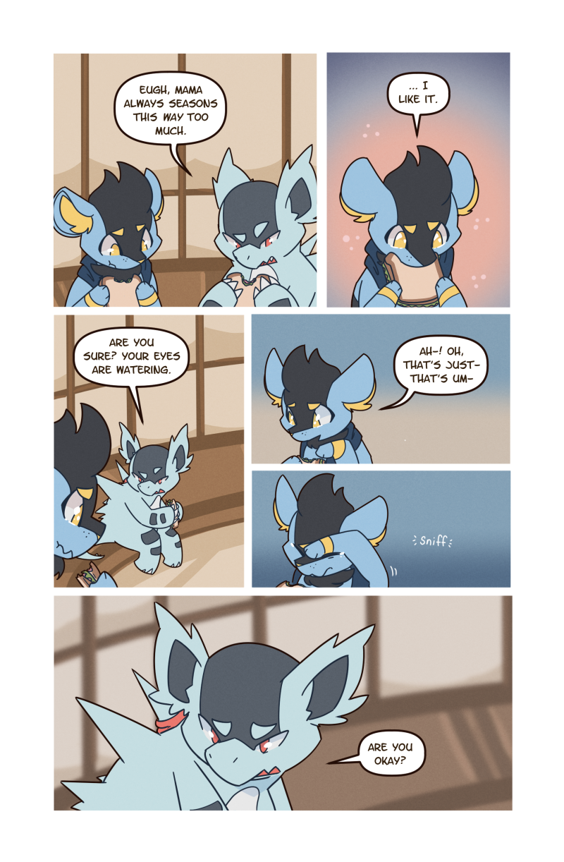 ambiguous_gender anthro biped blue_body blue_fur bodily_fluids claws comic dialogue duo eating eating_food english_text feral finger_claws food fur generation_1_pokemon generation_4_pokemon head_tuft hi_res inigo_(wooled) inner_ear_fluff inside malachi_(wooled) nidorina nintendo pokemon pokemon_(species) pokemon_mystery_dungeon quadruped red_eyes sandwich_(food) shinx sitting speech_bubble sweat tears text tuft white_body wooled yellow_body yellow_eyes yellow_fur