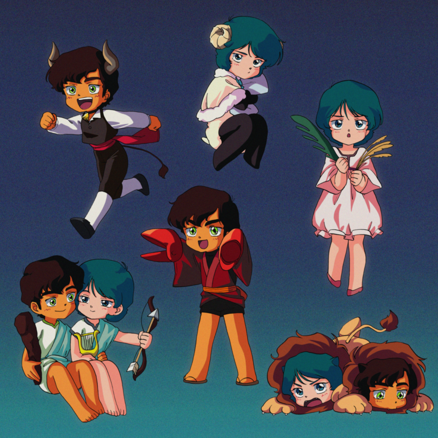 1980s_(style) 2boys :d animal_costume animal_ears aries_(zodiac) arm_around_waist arrow_(projectile) barefoot bell black_shorts black_vest blue_background blue_eyes blue_hair blush bow_(weapon) brown_footwear brown_hair cancer_(zodiac) capelet chibi closed_mouth collared_shirt cow_boy cow_horns cow_tail cowbell crab_claw curled_horns dark-skinned_male dark_skin dress fangs film_grain full_body fur-trimmed_capelet fur_trim gemini_(zodiac) gradient_background green_eyes gundam gundam_zz hasemil horns judau_ashta kamille_bidan knees_apart_feet_together knees_together_feet_apart legs_together leo_(zodiac) lion lion_costume lion_ears lion_tail looking_at_another looking_at_viewer lyre male_focus multiple_boys multiple_views neck_bell object_hug open_mouth pillow pillow_hug red_footwear red_sash retro_artstyle robe sandals sash sheep_boy sheep_horns shirt shoes short_hair short_sleeves shorts sitting smile standing tail taurus_(zodiac) thick_eyebrows toga vest virgo_(zodiac) weapon wheat white_dress white_robe white_shirt wide_sleeves yaoi yellow_capelet zeta_gundam zodiac