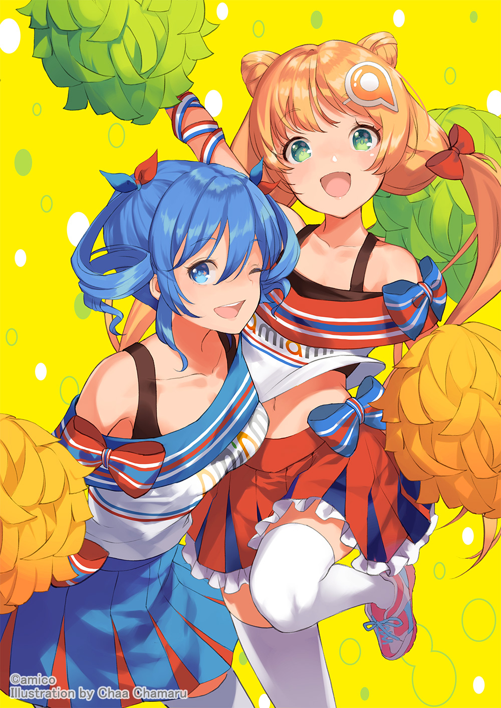 2girls amiami_(company) amico blue_eyes blush bow breasts cheerleader double_bun green_eyes hair_between_eyes hair_bow hair_bun hair_ornament hair_ribbon highres leg_up lilco long_hair looking_at_viewer medium_breasts multiple_girls official_art one_eye_closed open_mouth pom_pom_(cheerleading) red_bow red_eyes ribbon shoes short_twintails simple_background skirt sneakers thighhighs twintails very_long_hair white_thighhighs yumekui