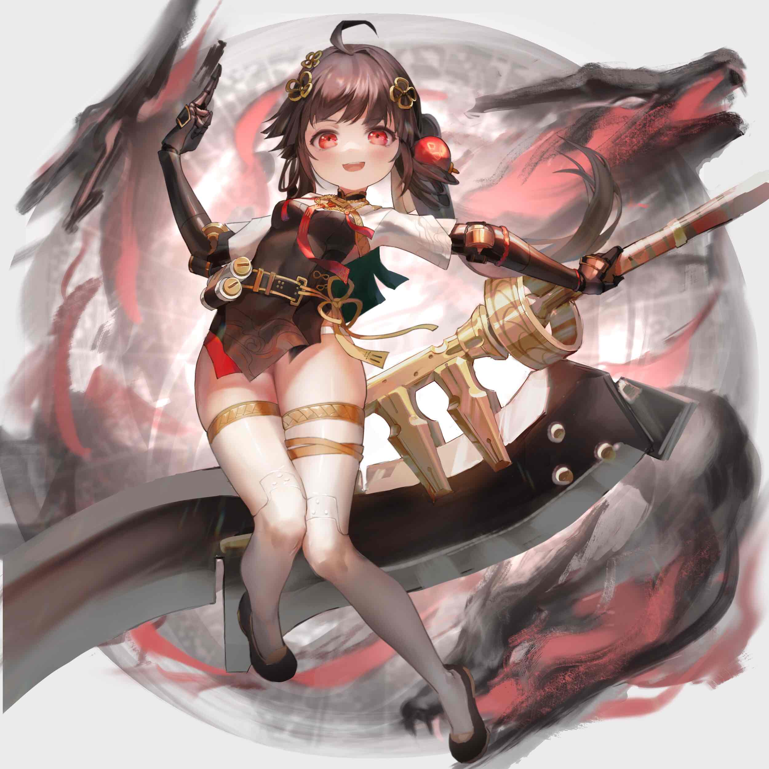 1girl absurdres ahoge breasts brown_hair chinese_clothes hair_ornament highres holding holding_weapon huge_weapon joints mechanical_arms mechanical_legs medium_hair open_mouth pulao_(punishing:_gray_raven) punishing:_gray_raven red_eyes robot_joints short_sleeves small_breasts thighs weapon xiaoxiaoanye