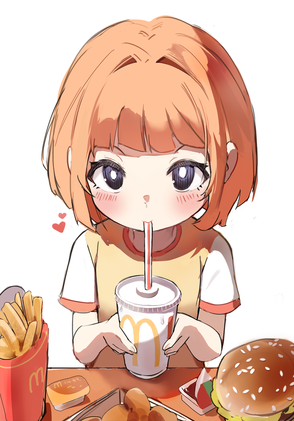 1girl black_eyes blunt_bangs blunt_ends blush bob_cut bright_pupils burger chicken_nuggets closed_mouth commentary cup daughter_(yoru_mac) disposable_cup drink drinking drinking_straw english_commentary food french_fries from_above heart highres holding holding_cup holding_drink light_smile looking_at_viewer looking_up mcdonald's multicolored_shirt orobou own_hands_together raglan_sleeves red_hair red_shirt sauce sesame_seeds shirt short_hair short_sleeves simple_background smile solo t-shirt table upturned_eyes w_arms white_background white_pupils white_shirt yellow_shirt yoru_mac