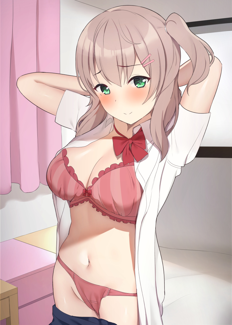 1girl arms_behind_head arms_up blue_skirt blush boku_to_kanojo_no_onani_life bow bow_bra bra breasts brown_hair closed_mouth clothes_pull commentary_request cowboy_shot dress_shirt frilled_bra frills green_eyes hair_ornament hair_tie hairclip indoors large_breasts looking_at_viewer medium_hair naomi_(boku_to_kanojo_no_onani_life) navel one_side_up onikokko open_clothes open_shirt original panties partial_commentary red_bra red_panties second-party_source shirt short_sleeves skirt skirt_pull smile solo standing underwear white_shirt wing_collar yumehiko