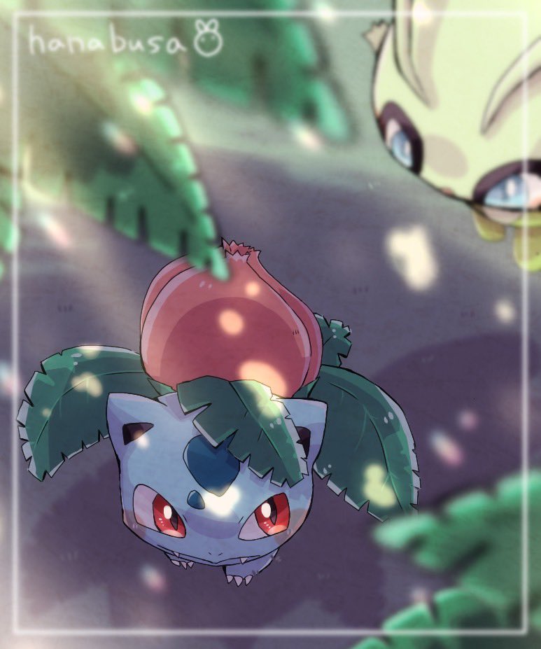 animal_focus artist_name blue_eyes blue_skin blurry blurry_foreground border celebi claws closed_mouth colored_skin commentary_request fangs floating green_skin hanabusaoekaki ivysaur leaf no_humans pokemon pokemon_(creature) red_eyes sunlight white_border