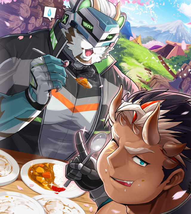2boys absol_(dkqthf) animal_ears aqua_fur axe bara black_hair blowing_on_food blue_eyes cherry_blossoms commentary cropped curry curry_rice dark-skinned_male dark_skin demon_boy demon_horns extra_horns facial_tattoo fang fingerless_gloves food food_on_face furry furry_male gauntlets gloves helmet holding holding_spoon horns index_finger_raised jacket large_pectorals live_a_hero log macroich_(housamo) male_focus multicolored_hair multiple_boys multiple_horns muscular muscular_male one_eye_closed open_clothes orange_hair pectorals plate rexer_(live_a_hero) rice rice_on_face short_hair smile spoken_sweatdrop spoon streaked_hair sweatdrop tattoo tent thick_eyebrows tiger_boy tiger_ears tokyo_afterschool_summoners tree_stump upper_body white_hair