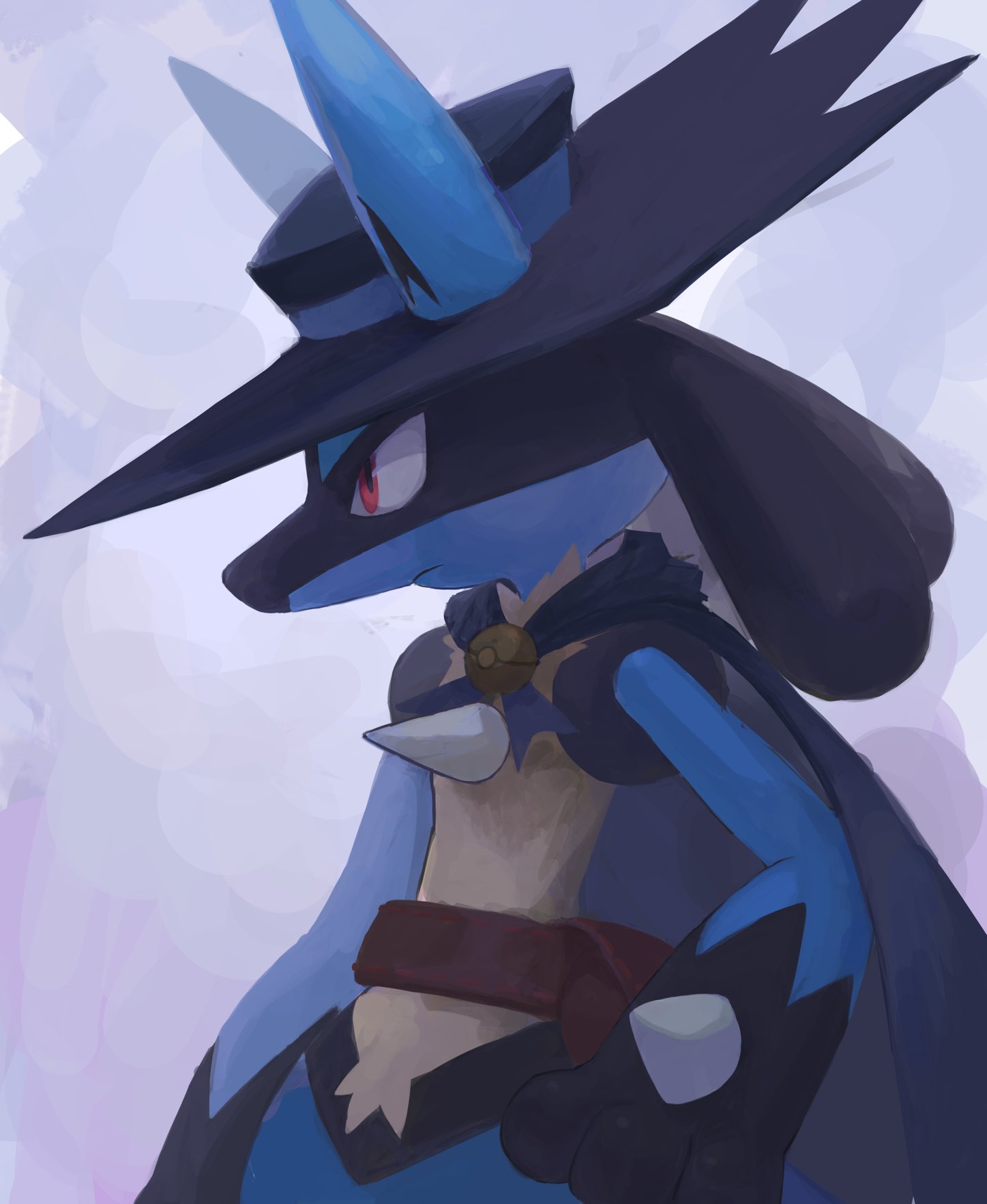 1boy animal_ears animal_hands arm_at_side black_fur black_headwear blue_cape blue_fur body_fur cape closed_mouth clothed_pokemon commentary cosplay ears_through_headwear from_side furry furry_male hand_on_own_hip hat highres ikei looking_to_the_side lucario male_focus multicolored_fur poke_ball_theme pokemon pokemon:_lucario_and_the_mystery_of_mew pokemon_(anime) pokemon_(creature) pokemon_rse_(anime) profile purple_background red_eyes sash simple_background sir_aaron sir_aaron_(cosplay) snout solo spikes standing symbol-only_commentary upper_body wolf_boy wolf_ears yellow_fur