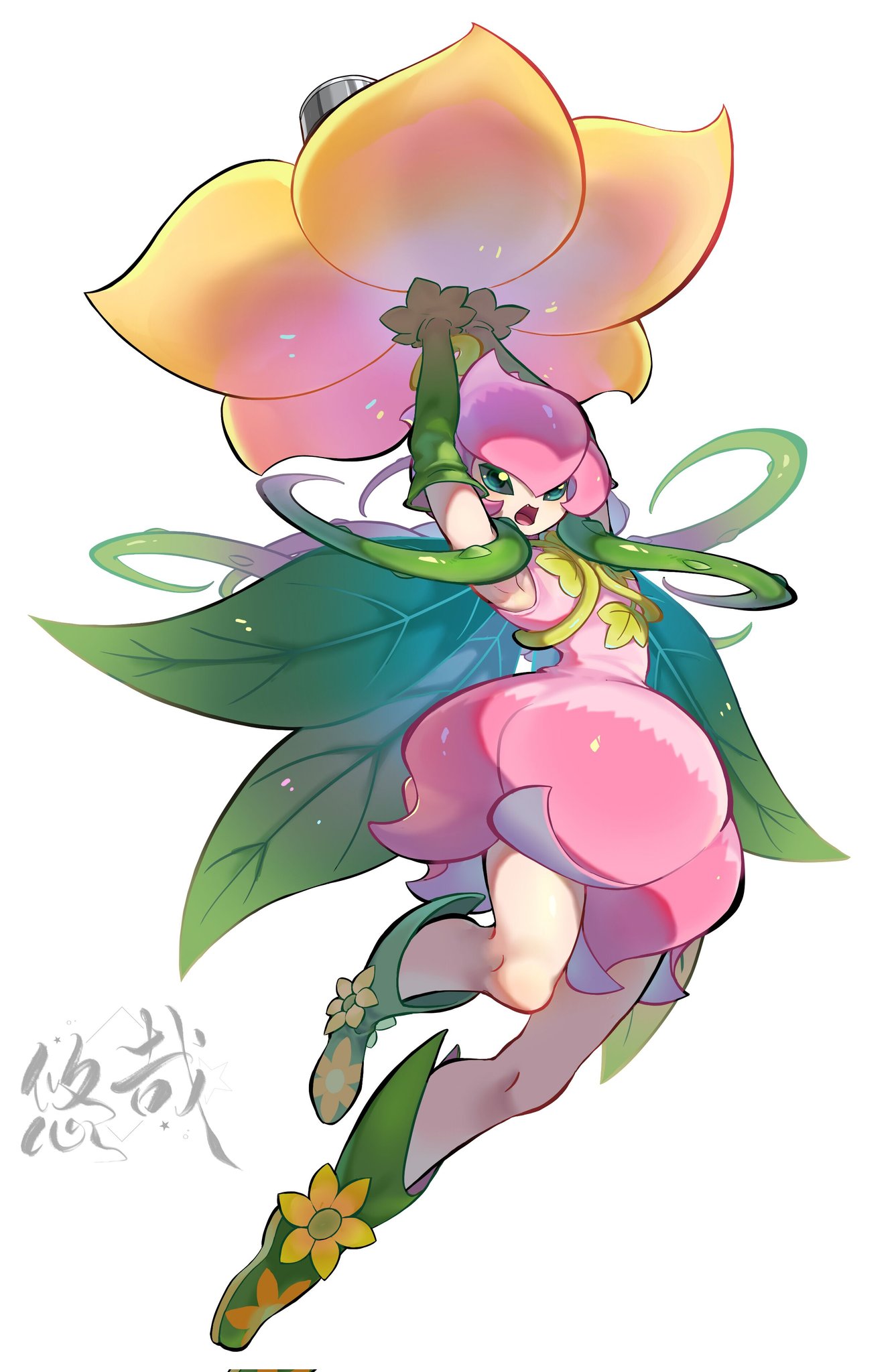 1girl arms_up cannon detached_sleeves digimon digimon_(creature) dress flower flower_hat green_eyes green_footwear green_sleeves green_wings hair_vines highres leaf_wings lilimon looking_at_viewer monster_girl open_mouth orange_flower pink_dress plant_girl plant_monster simple_background solo white_background wings youzaiyouzai112