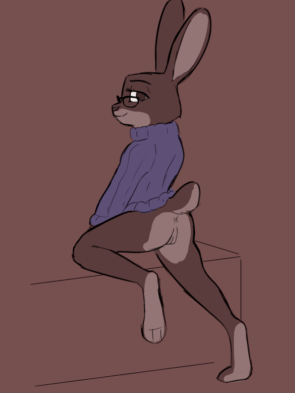 anthro anus bottomless butt clothed clothing disney eyewear female genitals glasses lagomorph leporid mammal presenting presenting_hindquarters pussy rabbit simple_background solo sweater tggeko topwear violet_hopps zootopia