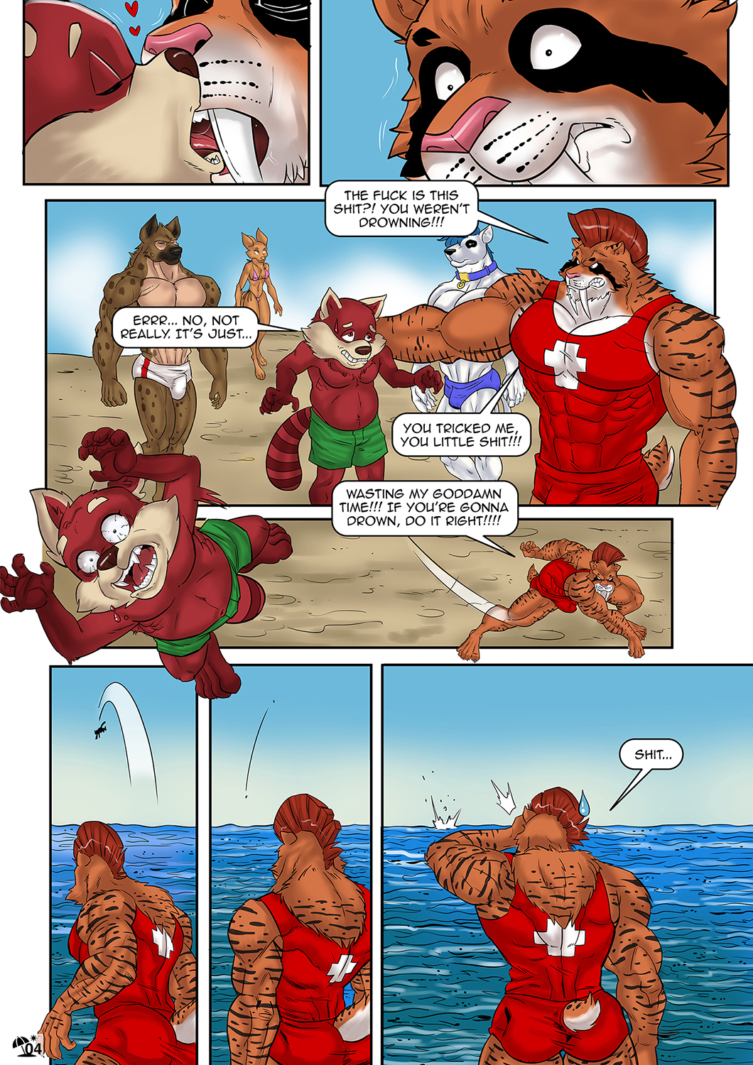4_toes 5_fingers 5_toes abs ailurid angry anthro anthro_on_anthro barefoot beach bikini bikini_bottom bikini_top bodily_fluids border breasts brown_body brown_fur bulge butt canid canine canis claws clothed clothing comic day dialogue domestic_dog english_text eyes_closed fangs feet felid female finger_claws fingers fox french_kissing fur genital_outline genitals group hair hi_res hindpaw humanoid_hands hyena instant_regret jax_(jaxace) kissing kt_(nexus) lifeguard lifeguard_swimsuit machairodontine male male/male mammal mohawk multicolored_body multicolored_fur muscular muscular_anthro muscular_male navel nexus nipple_outline nipples one-piece_swimsuit open_mouth orange_body orange_fur outside page_number paws pecs penis_outline pink_nose profanity red_body red_fur red_hair red_panda regret sabertooth_(anatomy) sand scruff_grab seaside size_difference speech_bubble speedo spotted_hyena striped_body striped_fur stripes surprise sweat sweatdrop swimming_trunks swimwear teeth text throwing throwing_character toe_claws toes topless topless_anthro topless_male two_tone_body two_tone_fur water white_body white_border white_fur wide_eyed