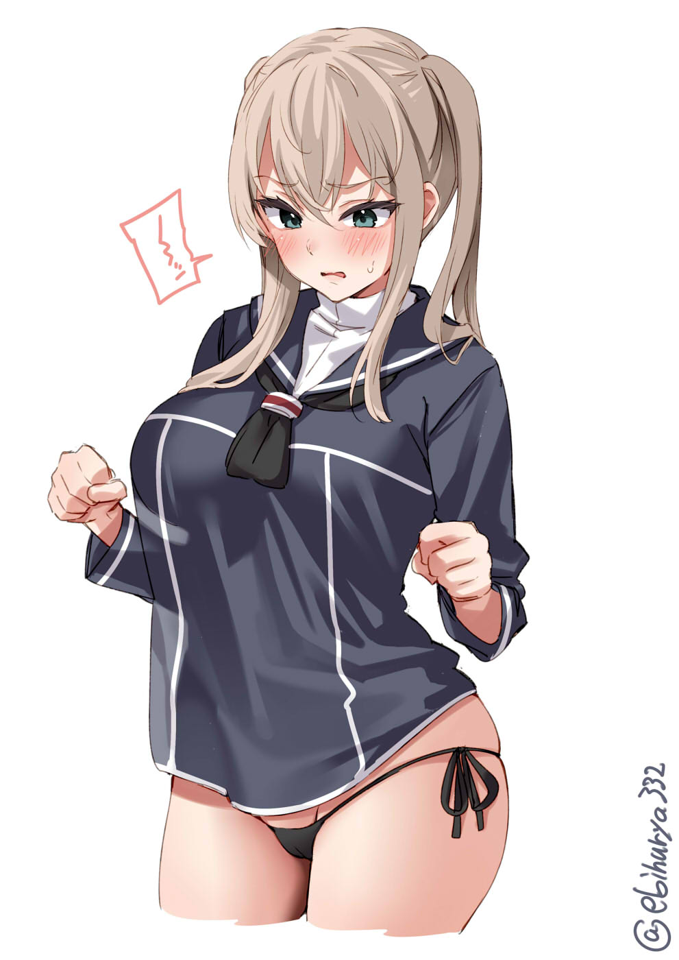 1girl alternate_costume aqua_eyes bangs bikini black_bikini blonde_hair blush breasts cameltoe clenched_hands cosplay cowboy_shot cropped_legs ebifurya graf_zeppelin_(kancolle) hair_between_eyes hands_up highres kantai_collection large_breasts long_hair long_sleeves looking_at_viewer one-hour_drawing_challenge panties see-through_silhouette side-tie_bikini_bottom side-tie_panties simple_background solo spoken_squiggle squiggle string_panties swimsuit thighs twintails twitter_username underwear white_background z1_leberecht_maass_(kancolle) z1_leberecht_maass_(kancolle)_(cosplay)