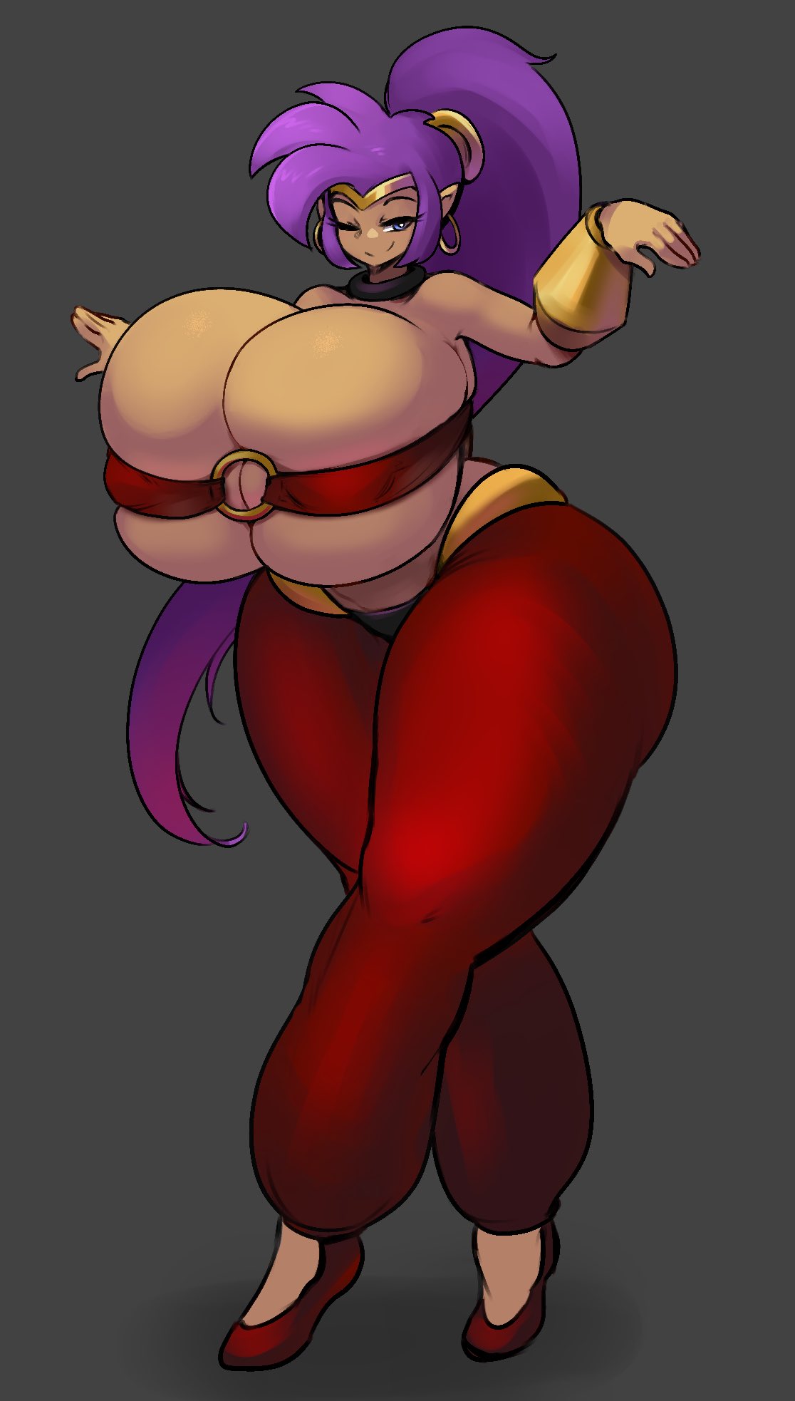 big_breasts big_butt blue_eyes breasts butt cleavage clothed clothing ear_piercing ear_ring female genie hair hi_res huge_breasts huge_butt huge_thighs humanoid humanoid_pointy_ears hyper hyper_breasts hyper_butt hyper_thighs narrowed_eyes one_eye_closed piercing purple_hair ring_piercing shadow shantae shantae_(series) simple_background smile solo thick_thighs under_boob wayforward wide_hips wink yboon