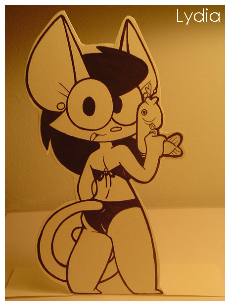 anthro bikini black_hair butt chibi chill_(artist) clothing ear_piercing felid female female/female fish fur hair kat_smith long_hair lydia_white mammal marine mat_sherer paper_child papercraft piercing rear_view smile solo standing swimwear toony traditional_media_(artwork) white_body white_fur