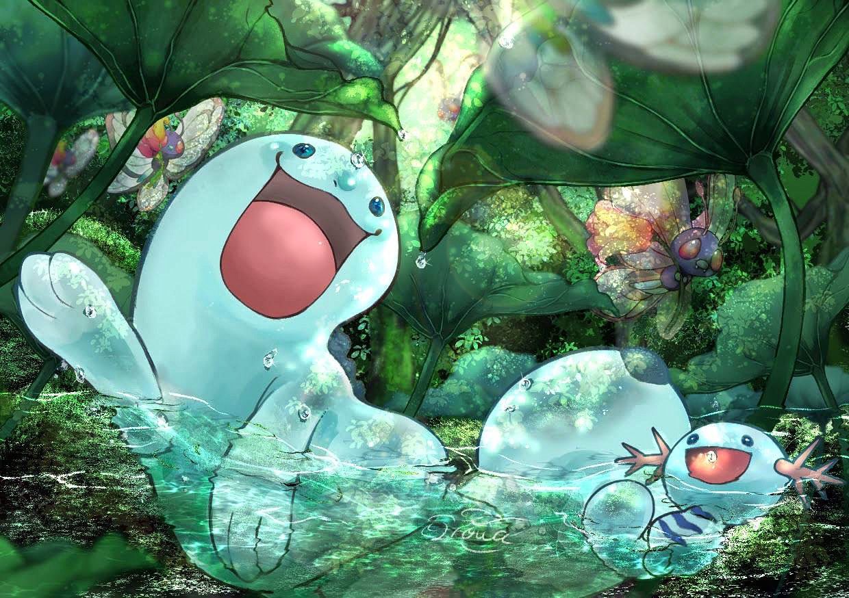 butterfree in_water iroha_nibi leaf nature no_humans open_mouth outdoors plant pokemon pokemon_(creature) quagsire water wooper