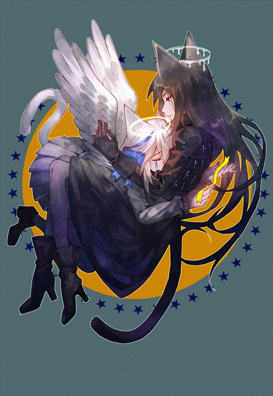 2girls angel_wings animal_ears black_coat black_eyes black_hair blue_eyes blue_hair cat_ears cat_girl cat_tail chlomaki_(wadanohara) coat dual_persona funamusea halo hug long_hair long_sleeves majiang medium_hair melting_halo multiple_girls nadine_(funamusea) oounabara_to_wadanohara skirt tail white_hair wings