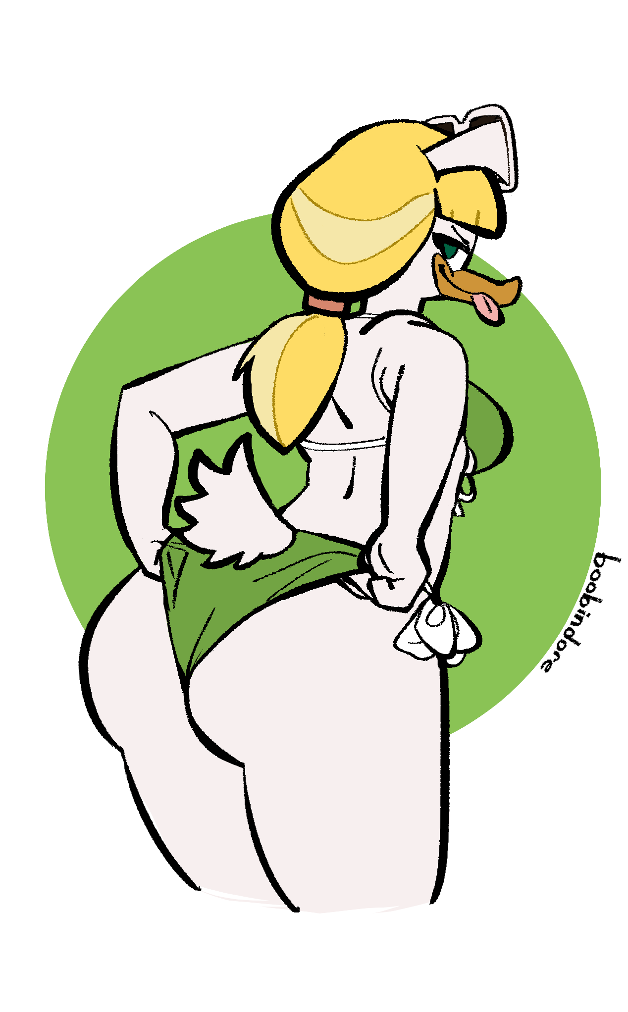 anatid anseriform anthro avian beak big_butt bikini bird blonde_hair breasts butt clothed clothing disney dubindore duck ducktales ducktales_(2017) eyewear eyewear_on_head feathers female goldie_o'gilt green_eyes hair hi_res looking_back mature_female navel non-mammal_breasts partially_clothed rear_view solo sunglasses sunglasses_on_head swimwear tongue tongue_out white_body white_feathers