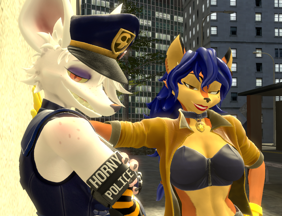 3d_(artwork) anthro canid canine carmelita_fox clothed clothing digital_media_(artwork) duo female fox hair hinagetsu looking_at_viewer mammal officer_flint_(foretbwat) rodent sly_cooper_(series) smile smiling_at_viewer smirk smirking_at_viewer sony_corporation sony_interactive_entertainment source_filmmaker sucker_punch_productions warfare_machine