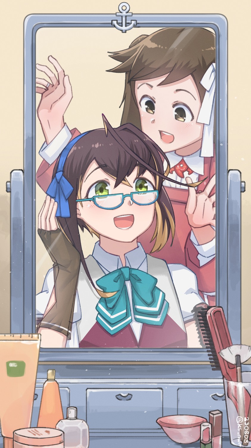 2girls anchor_ornament aqua_bow aqua_bowtie black_hair blue-framed_eyewear blue_ribbon bottle bow bowtie brown_eyes brown_gloves brown_hair collared_shirt commentary_request dress_shirt fingerless_gloves glasses gloves green_eyes hair_brush hair_ribbon highres japanese_clothes kantai_collection kariginu long_hair mirror multicolored_hair multiple_girls nwr okinami_(kancolle) okinami_kai_ni_(kancolle) pink_hair red_shirt reflection ribbon ryuujou_(kancolle) school_uniform shirt short_hair smile twintails upper_body vest white_ribbon white_shirt