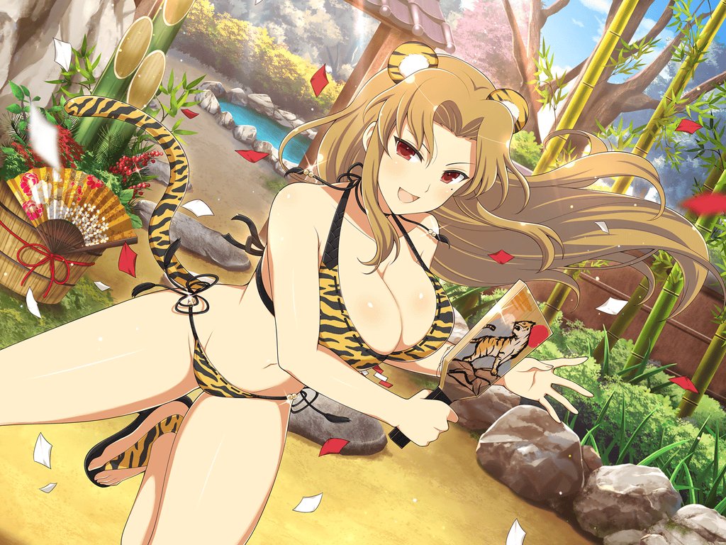 1girl 2022 animal_costume animal_ears animal_print architecture bamboo bikini blonde_hair blue_sky blurry blush breasts bush chinese_zodiac cleavage cloud confetti daidouji_(senran_kagura) day depth_of_field east_asian_architecture fence folding_fan forest gate grass groin hagoita hand_fan happy_new_year holding kadomatsu large_breasts light_particles long_hair looking_at_viewer mole mole_under_eye nature navel new_year official_alternate_costume official_art onsen open_mouth outdoors paddle paper_fan plant potted_plant red_eyes rock sandals senran_kagura senran_kagura_burst senran_kagura_new_link senran_kagura_shoujo-tachi_no_shin'ei shiny_skin side-tie_bikini_bottom sky smile solo sparkle steam striped_fur sunlight swimsuit tail tiger tiger_costume tiger_ears tiger_girl tiger_print tiger_stripes tiger_tail tongue tree water wooden_fence yaegashi_nan year_of_the_tiger