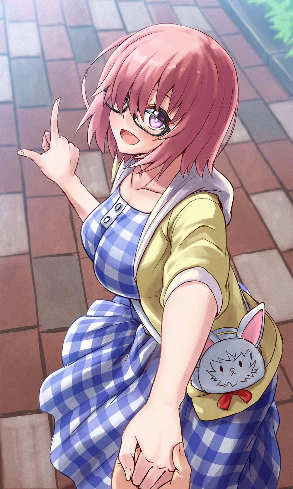 1boy 1girl asymmetrical_bangs bag blue_dress breasts casual character_bag commentary dress fate/grand_order fate_(series) fou_(fate) gingham_dress glasses hair_over_one_eye handbag highres hood hooded_jacket jacket large_breasts mash_kyrielight mash_kyrielight_(senpai_killer_outfit) official_alternate_costume open_mouth outdoors park pink_hair pointing pov pov_hands purple_eyes short_hair silent_sakia sleeves_past_elbows smile solo_focus yellow_jacket