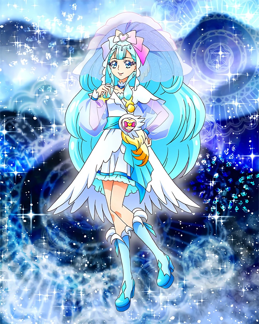 1girl blue_eyes blue_footwear blue_hair boots cure_ange cure_ange_(cheerful_style) dress earrings full_body hand_on_hip heart_pouch highres hugtto!_precure jewelry long_sleeves magical_girl official_art precure precure_connection_puzzlun see-through see-through_sleeves smile solo third-party_source veil white_dress wide_ponytail yakushiji_saaya