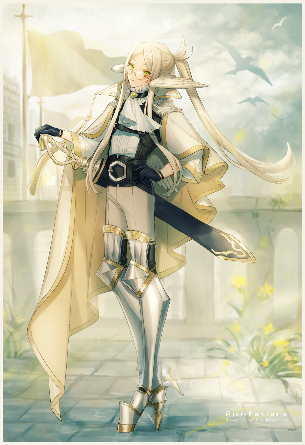 1boy androgynous armor armored_boots ascot asuda asymmetrical_clothes belt belt_buckle bird black_belt black_gloves blonde_hair boots brooch brown_pants buckle building cape cloud feathered_wings flag flower frilled_shirt_collar frills full_body gem glasses gloves grass green_eyes green_gemstone hand_on_hilt hand_on_own_hip harness high_collar high_heel_boots high_heels highres jewelry long_hair looking_at_viewer low_wings male_focus mini_wings multicolored_eyes pants parted_bangs pixiv_fantasia pixiv_fantasia_revenge_of_the_darkness plant ponytail railing round_eyewear sett sheath sheathed shirt shoulder_armor sidelocks sleeves_past_elbows smile solo sunlight sword tassel thigh_boots vines weapon white_ascot white_cape white_shirt white_wings wing_ears wings yellow_cape yellow_eyes yellow_flower