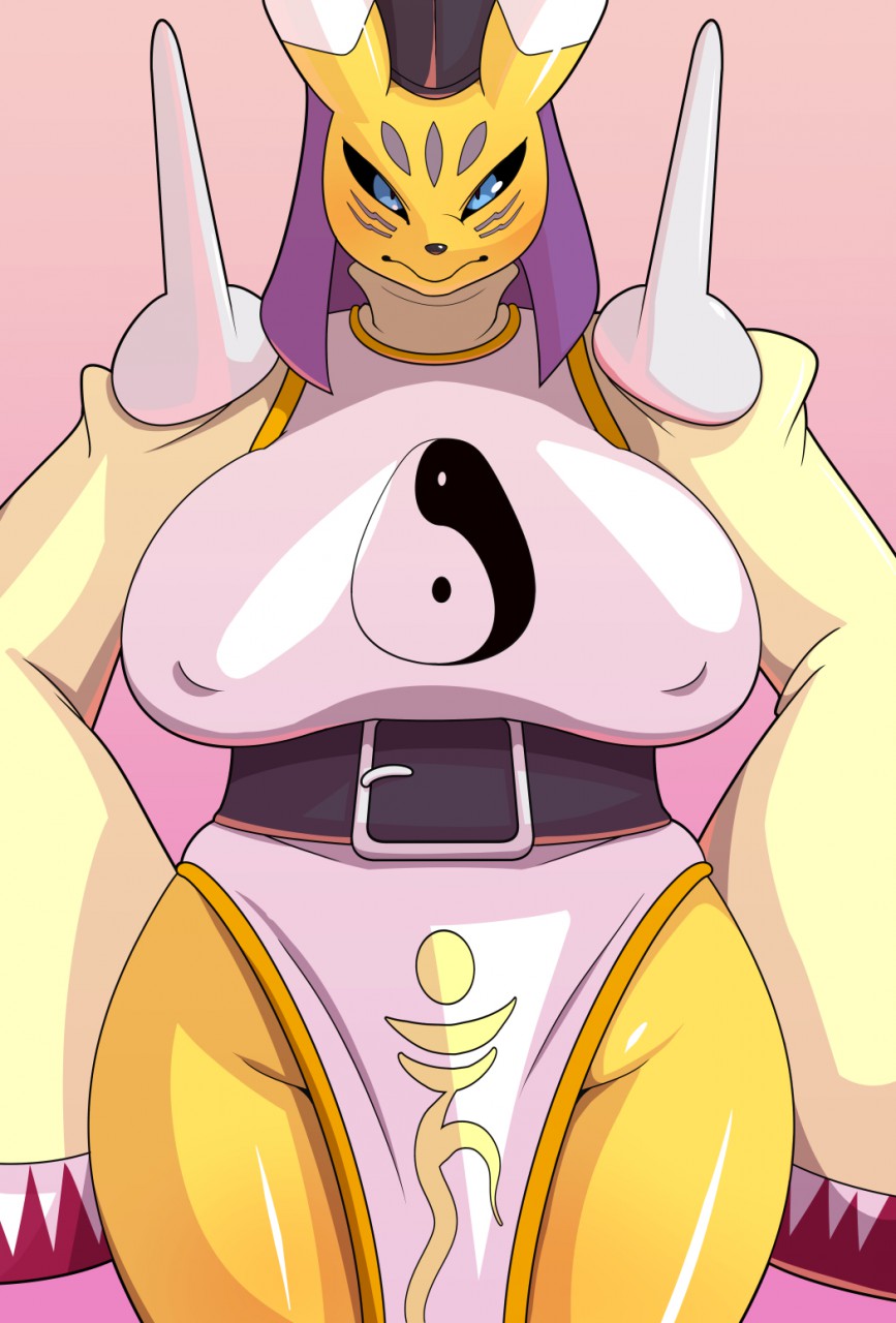 anthro bandai_namco big_breasts biped black_sclera blue_eyes breasts clothed clothing digimon digimon_(species) dipstick_ears female gradient_background hi_res huge_breasts kori-nio multicolored_ears nipple_outline simple_background solo taomon white_body yellow_body yin_yang