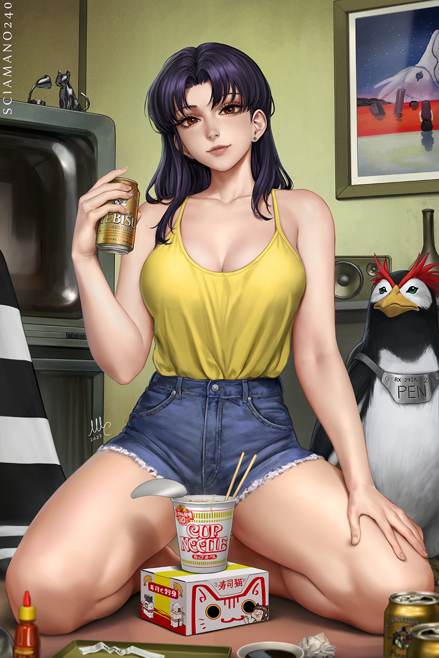 1girl alcohol bare_legs bare_shoulders beer bird brand_name_imitation breasts camisole cleavage cutoffs denim denim_shorts high-waist_shorts highres indoors instant_ramen katsuragi_misato large_breasts looking_at_viewer neon_genesis_evangelion penguin product_placement purple_hair red_eyes sciamano240 seiza shirt shirt_tucked_in shorts sitting smile spread_legs yellow_shirt