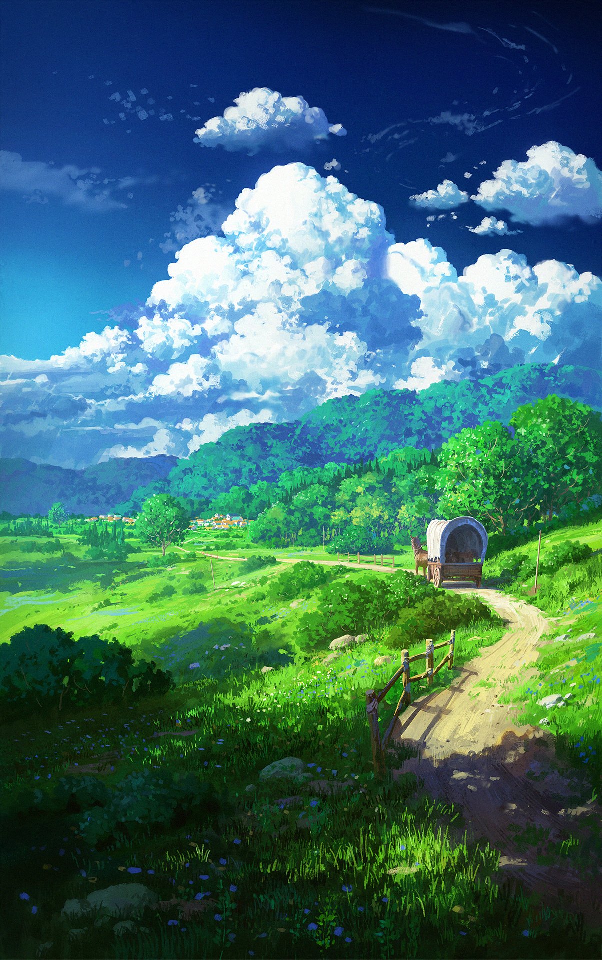 blue_sky bush carriage cloud commentary cumulonimbus_cloud cyclecircle dappled_sunlight day dirt_road english_commentary fence flower forest grass highres horse landscape mountain nature no_humans original outdoors purple_flower road rock rural scenery sky sunlight town tree wooden_fence