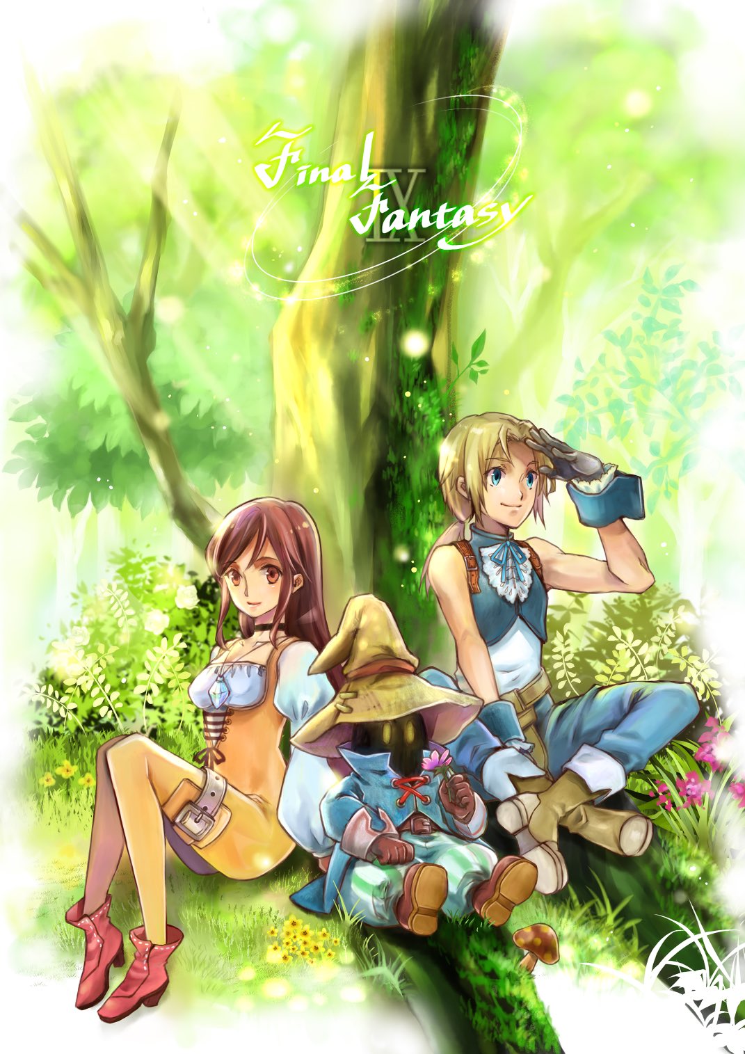 1girl 2boys bare_shoulders black_choker black_gloves black_mage blonde_hair blue_coat blue_eyes blue_pants blue_ribbon blue_vest bodysuit boots brown_eyes brown_footwear brown_gloves brown_hair choker closed_mouth coat commentary_request final_fantasy final_fantasy_ix flower full_body garnet_til_alexandros_xvii gloves grass hand_up hat highres holding holding_flower indian_style jewelry knees_up light_particles long_hair low_ponytail multiple_boys neck_ribbon necklace orange_bodysuit outdoors pants pink_flower popped_collar quichi_91 red_footwear ribbon shirt sitting smile swept_bangs tree under_tree vest vivi_ornitier white_shirt wizard_hat yellow_eyes yellow_headwear zidane_tribal