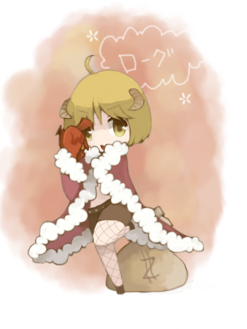 1girl ahoge blonde_hair brown_horns brown_shorts chibi coat commentary_request fishnet_pantyhose fishnets full_body fur-trimmed_coat fur_trim holding holding_mask horns kawachi_(hina) looking_at_viewer mask medium_bangs moneybag open_mouth pantyhose ragnarok_online red_coat rogue_(ragnarok_online) short_hair short_shorts shorts solo standing standing_on_one_leg translation_request v-shaped_eyebrows yellow_eyes