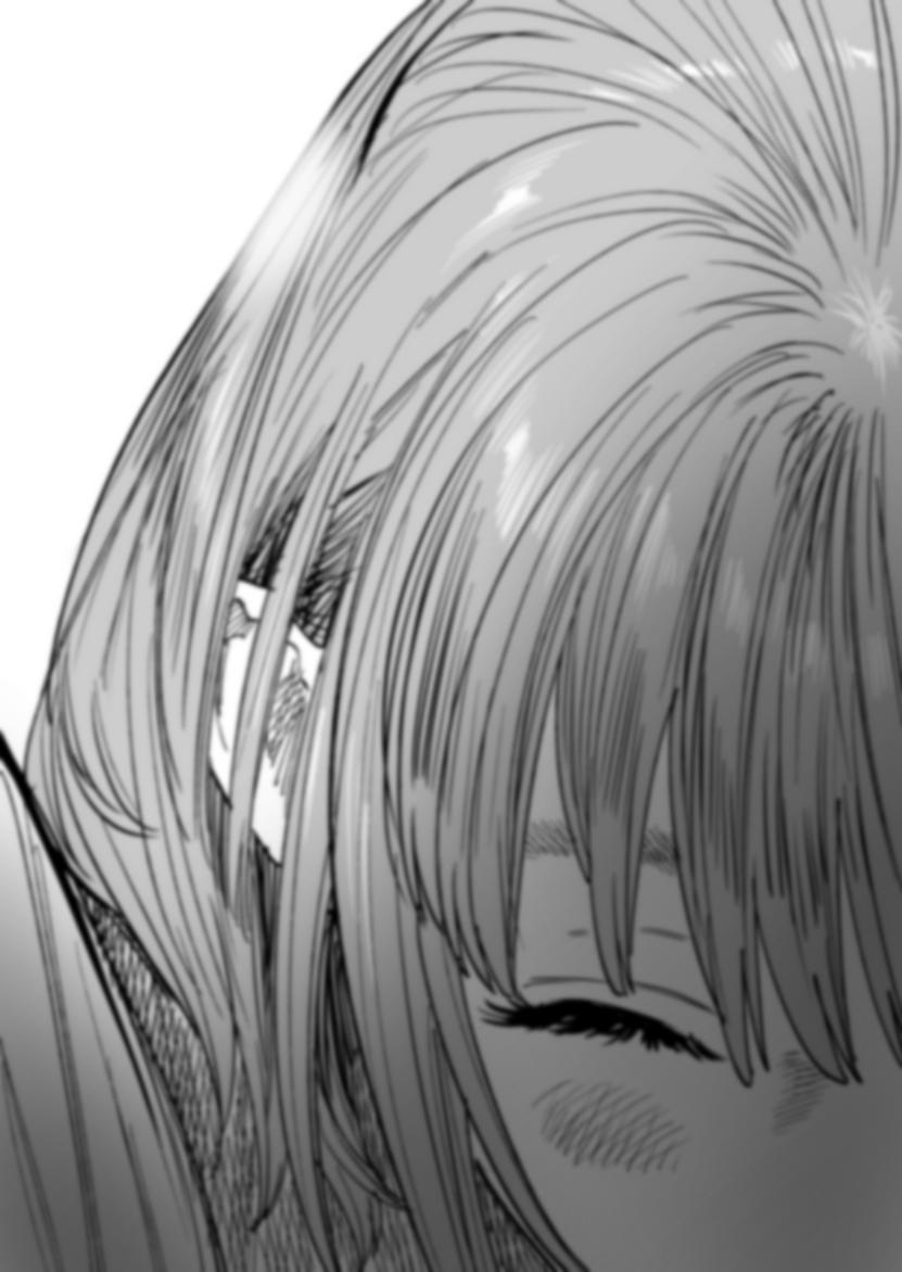 1boy androgynous blurry close-up closed_eyes commentary_request eyebrows_hidden_by_hair greyscale hug kimidake male_focus monochrome nagisa_(kimidake) original portrait pov solo