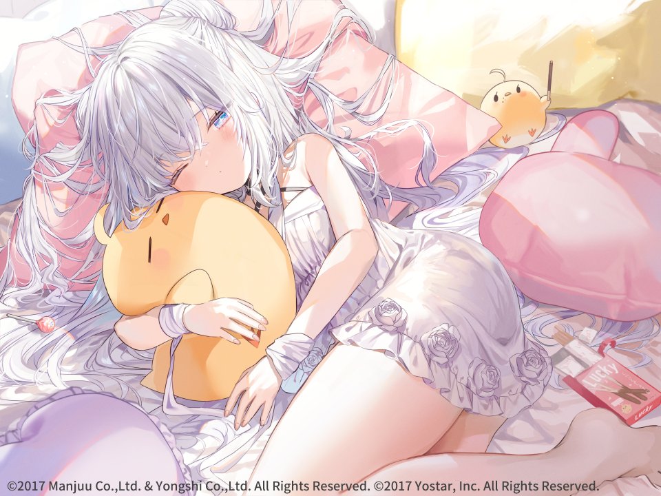 1girl animal_hug azur_lane bare_shoulders bird blue_eyes blush candy chick commentary_request copyright_name dress flower food hair_between_eyes hug le_malin_(azur_lane) le_malin_(sleepy_sunday)_(azur_lane) lollipop long_hair looking_at_viewer lying manjuu_(azur_lane) official_alternate_costume official_art on_bed on_side one_eye_closed pillow pocky rose thighs white_dress white_flower white_hair white_rose y_o_u_k_a