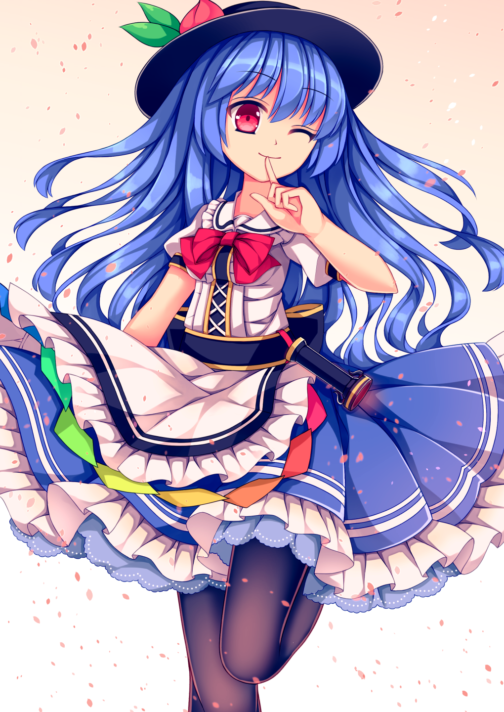 1girl adapted_costume apron black_headwear black_pantyhose blue_hair blue_skirt bow bowtie breasts closed_mouth collared_shirt feet_out_of_frame finger_to_mouth frilled_apron frilled_shirt_collar frilled_skirt frills gradient_background head_tilt highres hinanawi_tenshi leaf_hat_ornament leg_up light_smile long_hair mechrailgun one_eye_closed pantyhose peach_hat_ornament puffy_short_sleeves puffy_sleeves red_bow red_bowtie red_eyes shirt short_sleeves simple_background skirt sky small_breasts solo touhou waist_apron white_apron white_background white_sky yellow_background