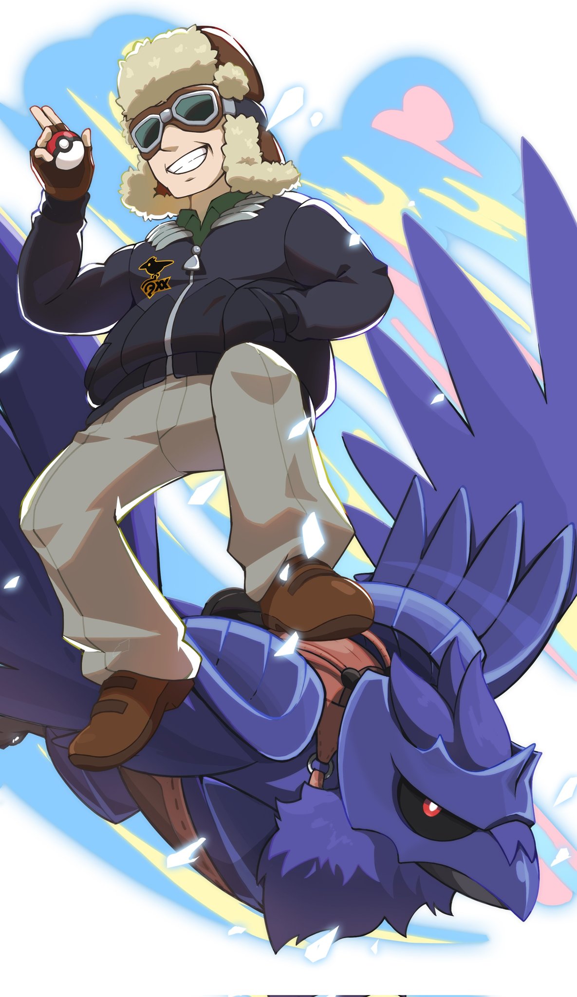 1boy bird black_jacket brown_footwear brown_gloves brown_headwear cabbie_(pokemon) collared_shirt commentary_request corviknight fingerless_gloves gloves goggles green_shirt grin hand_in_pocket hat highres hyoe_(hachiechi) jacket long_sleeves male_focus pants pokemon pokemon_(creature) pokemon_(game) pokemon_swsh shirt shoes smile teeth zipper_pull_tab