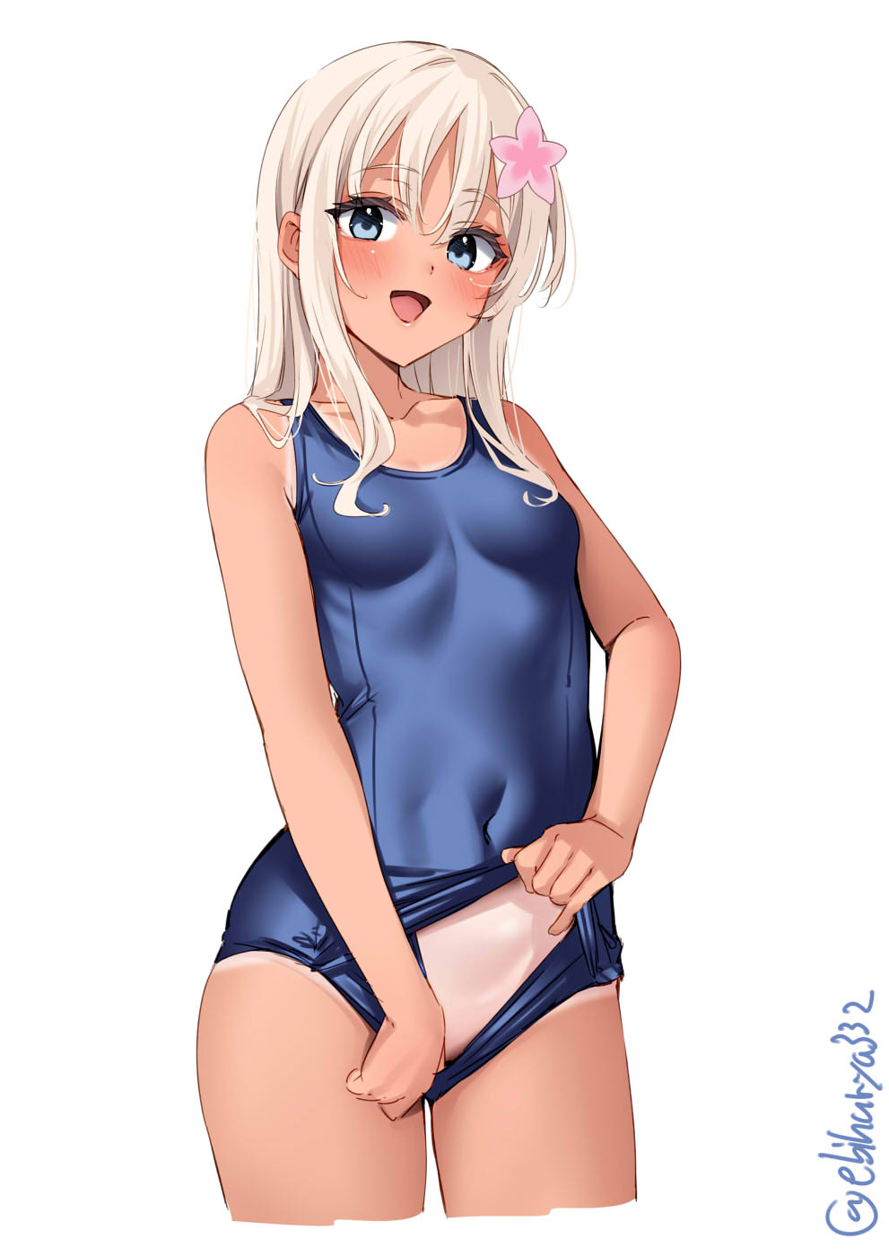 1girl blonde_hair blue_eyes blue_one-piece_swimsuit blush breasts clothes_pull collarbone commentary commentary_request covered_navel cowboy_shot cropped_legs ebifurya flower hair_between_eyes hair_flower hair_ornament highres kantai_collection long_hair looking_at_viewer one-piece_swimsuit one-piece_swimsuit_pull open_mouth ro-500_(kancolle) school_swimsuit small_breasts smile solo swimsuit tan tanlines twitter_username white_background