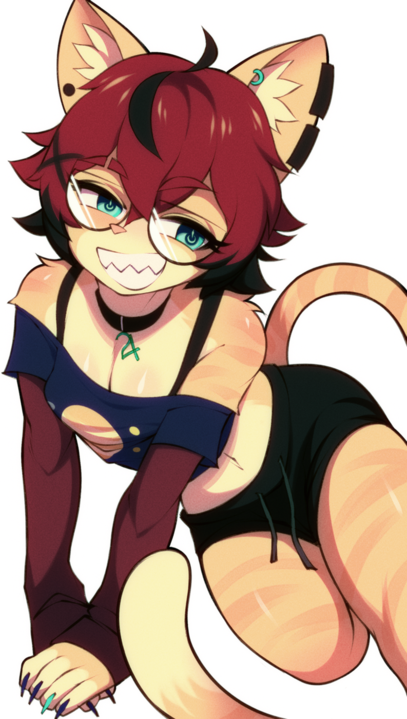 2023 aeiou_(yoako) anthro breasts choker cleavage clothed clothing digital_media_(artwork) domestic_cat ear_piercing ear_ring eyewear felid feline felis female fur glasses green_eyes hair hi_res jewelry mammal midriff multicolored_body multicolored_fur navel necklace orange_body orange_fur piercing red_hair ring_piercing smile solo tan_body tan_fur two_tone_body two_tone_fur wildblur