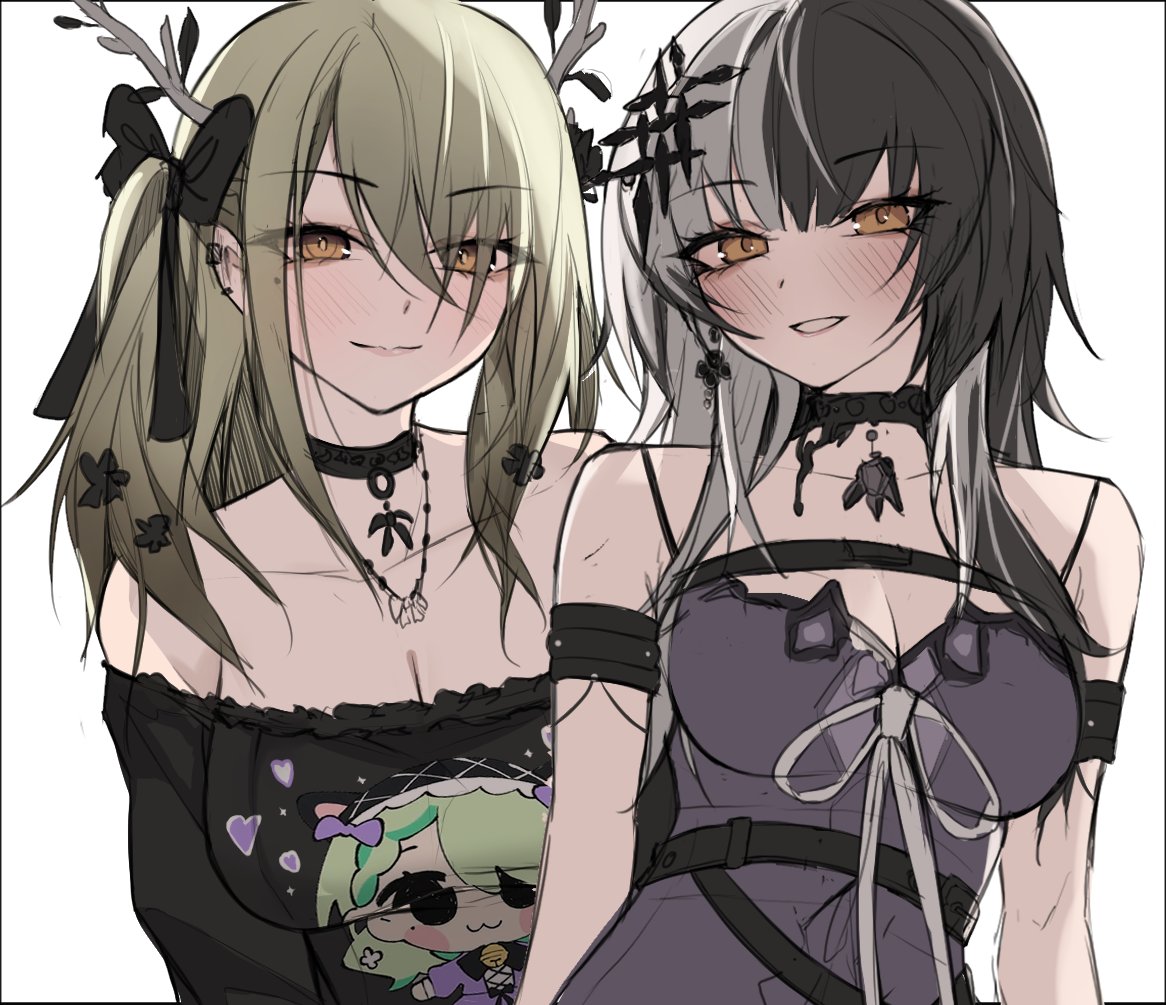 2girls armband black_bow black_choker black_shirt blonde_hair blush bow breasts ceres_fauna chibi choker cleavage commentary earclip earrings english_commentary eyelashes gothic grey_hair hair_branch hair_ornament heart hololive hololive_english jewelry large_breasts lips looking_at_viewer medium_breasts multicolored_hair multiple_girls necklace off-shoulder_shirt off_shoulder parted_lips purple_shirt shiori_novella shirt simple_background sketch smile spaghetti_strap split-color_hair takida_185 twintails two-tone_hair white_background white_hair