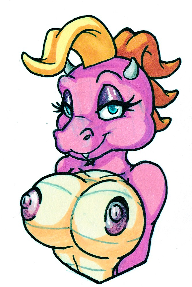 anthro blue_eyes boujieshin breasts cassie_(dragon_tales) dragon dragon_tales female grey_horn happy horn nipples non-mammal_nipples pink_body pink_nipples simple_background solo white_background