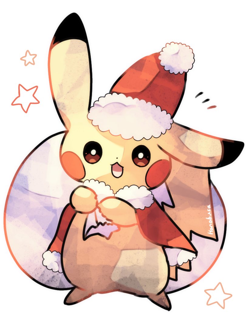 :d animal_focus artist_name bag colored_skin commentary_request dot_nose hanabusaoekaki hat holding holding_bag no_humans pikachu pokemon pokemon_(creature) santa_hat simple_background smile solid_oval_eyes solo star_(symbol) tail white_background yellow_skin