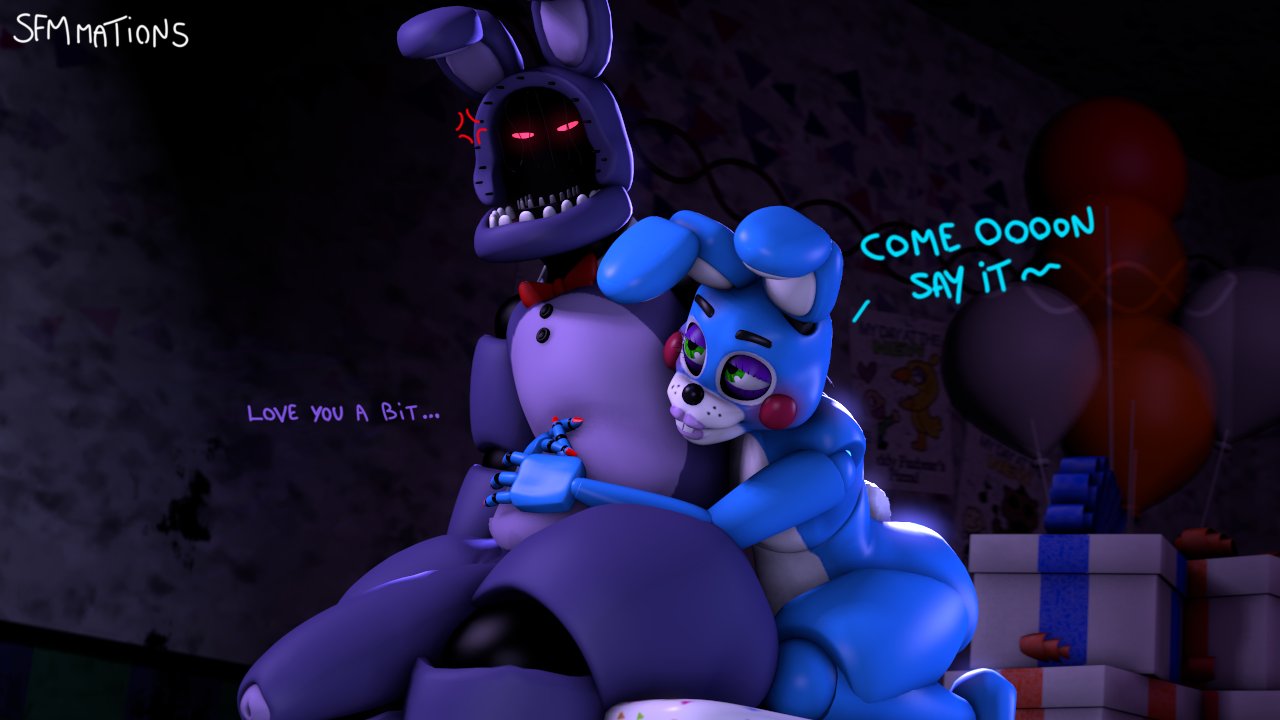 16:9 2023 3d_(artwork) angry animatronic anthro balloon big_butt big_penis black_nose blue_body blue_ears bow_tie buckteeth butt cross-popping_vein dialogue digital_media_(artwork) drawing duo embrace english_text five_nights_at_freddy's five_nights_at_freddy's_2 genitals gift green_eyes hug huge_penis hugging_from_behind inflatable inside kneeling lagomorph leporid long_ears machine male mammal multicolored_body penis pink_eyes purple_body purple_ears rabbit red_bow_tie robot scottgames scut_tail sfmmations short_tail tail teeth text thick_thighs toy_bonnie_(fnaf) two_tone_body white_body white_tail widescreen withered_bonnie_(fnaf)