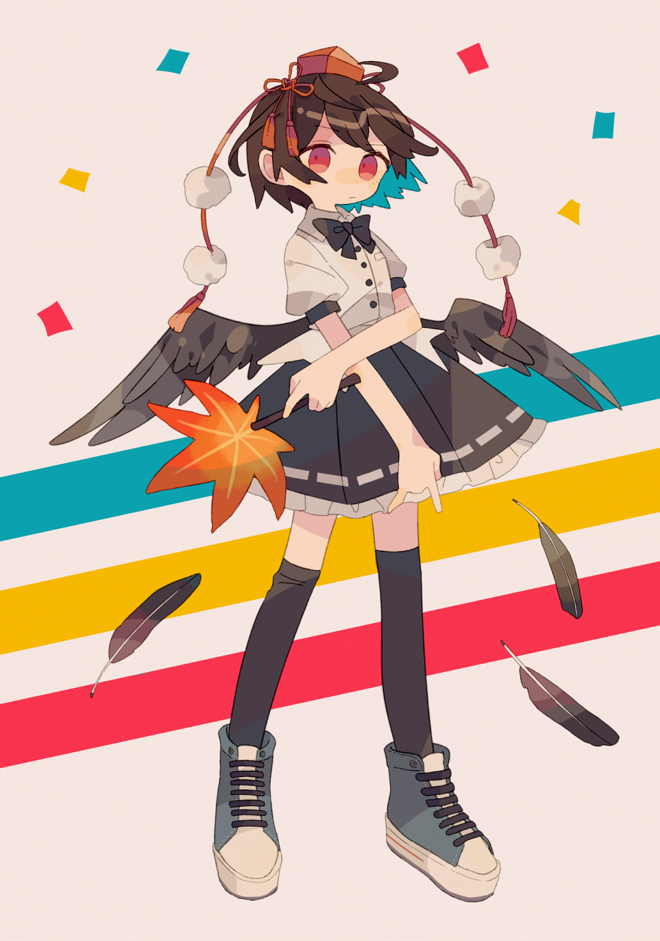 1girl \m/ aqua_hair bad_id bad_tumblr_id black_bow black_bowtie black_feathers black_skirt black_thighhighs black_wings bow bowtie breast_pocket brown_hair buttons chinese_knot closed_mouth collared_shirt colored_inner_hair commentary_request daizu_(melon-lemon) feathered_wings feathers frilled_skirt frills full_body grey_footwear hand_fan hat hauchiwa highres holding holding_fan low_wings multicolored_hair no_nose no_sclera over-kneehighs pocket pom_pom_(clothes) puffy_short_sleeves puffy_sleeves red_eyes red_handwear ribbon-trimmed_skirt ribbon_trim shameimaru_aya shirt shoes short_hair short_sleeves skirt sneakers solo standing tassel thighhighs tokin_hat touhou white_shirt wings