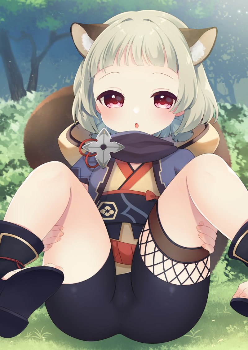1girl animal_ear_fluff animal_ears ass bike_shorts black_scarf black_shorts commission commissioner_upload feet forest genshin_impact grey_hair hands_on_own_thighs hood japanese_clothes kimono knees_up legs looking_at_viewer nature open_mouth outdoors purple_kimono raccoon_ears raccoon_girl raccoon_tail red_eyes sandals sayu_(genshin_impact) scarf sen1986 short_hair short_kimono short_shorts shorts shuriken sitting skeb_commission solo spread_legs tail thighs toeless_footwear toes tree weapon yellow_kimono