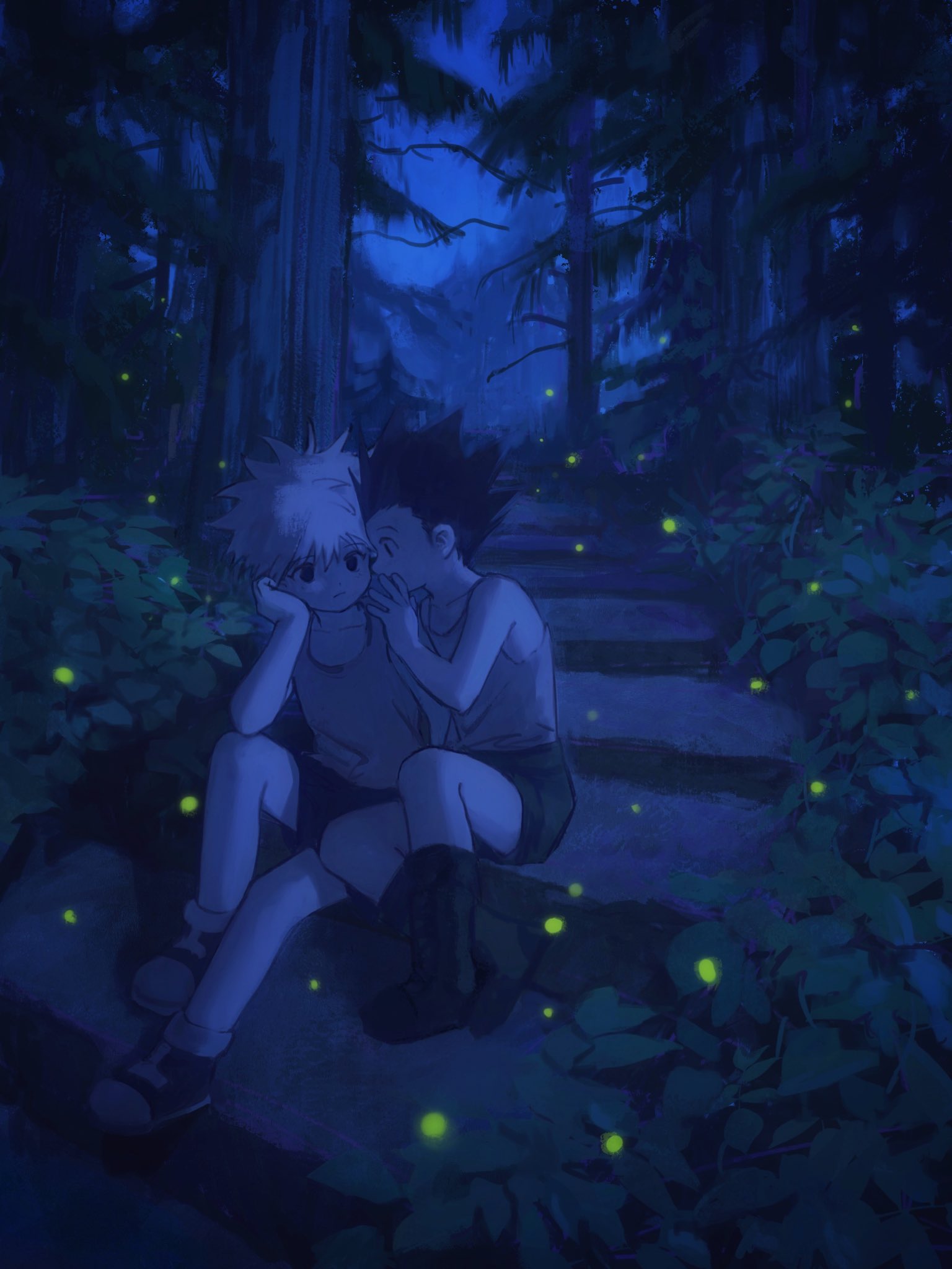 2boys bug child commentary english_commentary fireflies firefly forest gon_freecss highres hunter_x_hunter killua_zoldyck male_child male_focus mizukiyoi multiple_boys nature night night_sky outdoors scenery shorts sitting sky spanish_commentary tank_top whispering whispering_in_ear yaoi