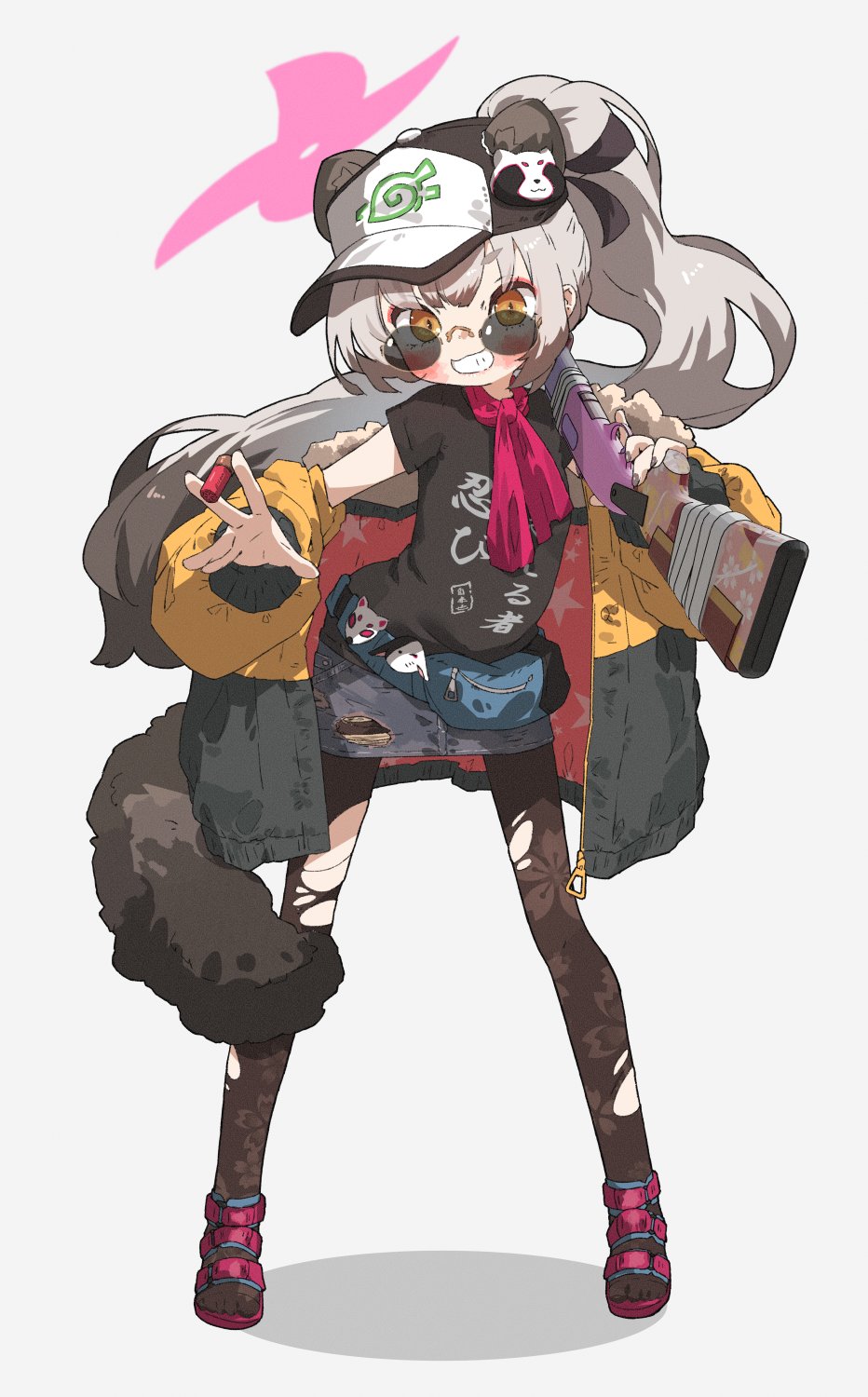 1girl alternate_costume amonitto animal_ears bag bandages baseball_cap black_hair black_pantyhose black_ribbon black_shirt blue_archive blush clothes_writing denim denim_skirt fanny_pack floral_print full_body grey_background grey_hair grin gun hair_ribbon halo hat hat_ornament highres holding holding_weapon jacket long_hair long_sleeves looking_at_viewer michiru_(blue_archive) multicolored_hair open_clothes open_jacket orange_eyes over_shoulder pantyhose pink_scarf ponytail ribbon scarf shirt shoes simple_background skirt smile solo standing tail torn_clothes torn_pantyhose very_long_hair weapon weapon_over_shoulder