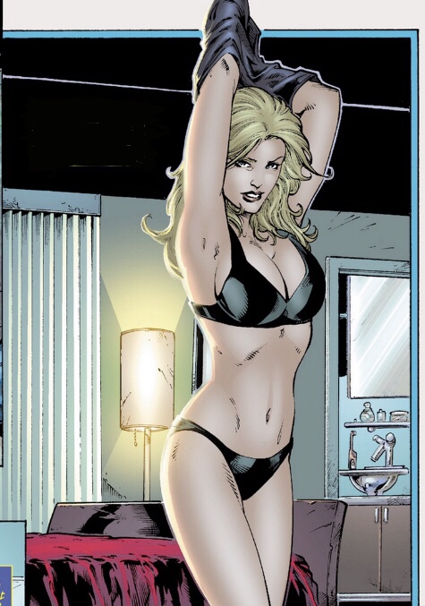 1girl alternate_image_size bikini black_bikini black_canary black_panties blonde_hair breasts dc_comics dinah_lance large_breasts non-web_source panties removing_shirt solo swimsuit underwear undressing