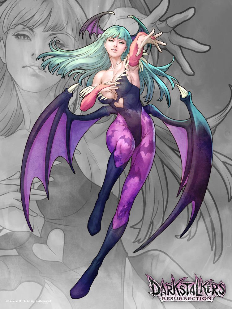 1girl animal_print aqua_eyes aqua_hair armpits bare_shoulders bat_print bat_wings black_leotard boots breasts bridal_gauntlets capcom cleavage clothing_cutout commentary copyright_name covered_navel demon_girl elbow_gloves english_commentary foreshortening full_body gloves green_eyes green_hair half-closed_eyes hand_on_own_chest head_wings heart_cutout highleg highleg_leotard jpeg_artifacts large_breasts leotard long_hair looking_at_viewer low_wings morrigan_aensland official_art pantyhose photoshop_(medium) print_pantyhose purple_pantyhose purple_wings solo stanley_lau vampire_(game) wings zoom_layer