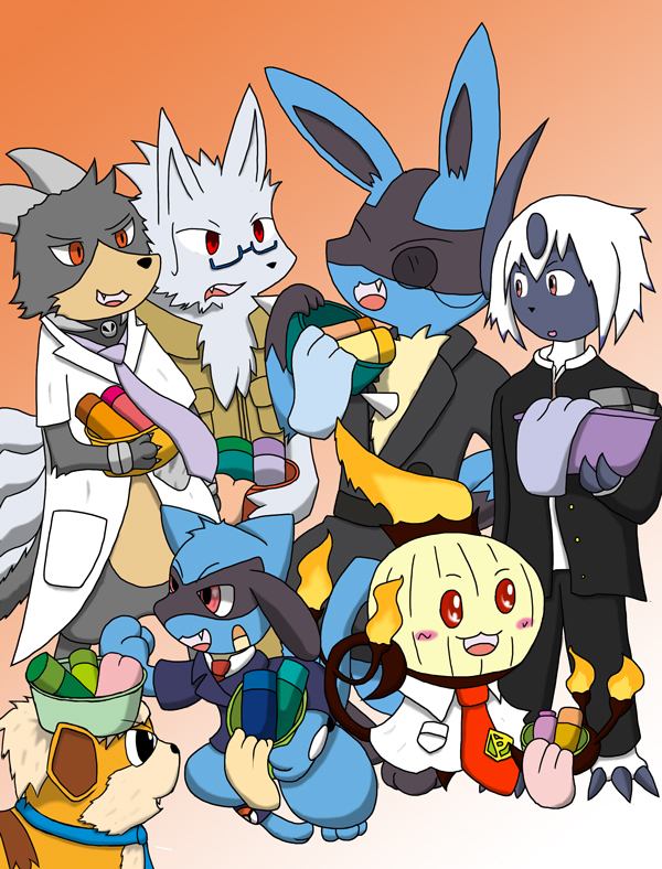 absol adult_male age_difference anthro bandage bodily_fluids bottle bucket chandelure clothing container eyewear feral fumidzuki_(ruka) generation_1_pokemon generation_2_pokemon generation_3_pokemon generation_4_pokemon generation_5_pokemon gintsuki_higari_(akino-kamihara) glasses group growlithe hiiragi_(poke-high) holding_bucket holding_container holding_object houndoom inadzuki_(ruka) kerugaa kiba_(kibainu) lab_coat_only lucario male monocle necktie ninetales nintendo pince-nez poke-high pokemon pokemon_(species) riolu ruin_(kerugaa) school_uniform size_difference sweat sweatdrop teacher_clothing teenager touya_(pikachii) towel uniform young