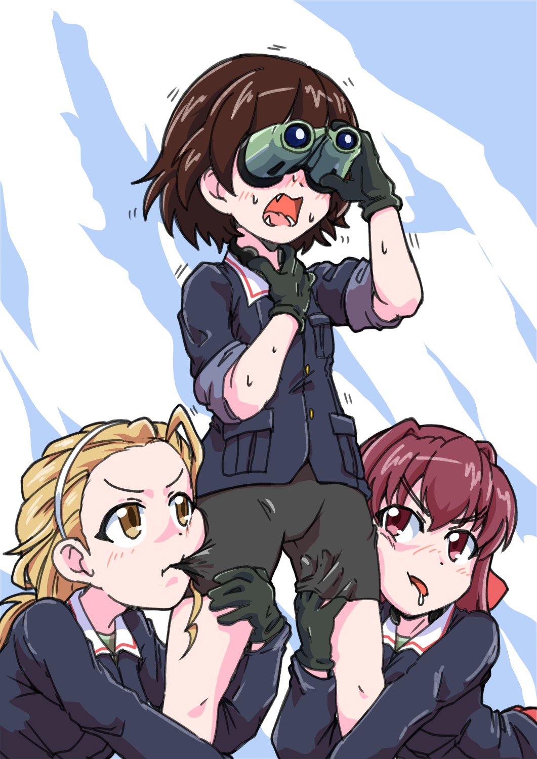 3girls 7654_dog bike_shorts binoculars biting biting_clothes black_gloves blonde_hair blue_jacket blush brown_hair drooling girls_und_panzer gloves hand_under_clothes headband highres isobe_noriko jacket kondou_taeko long_hair military military_uniform multiple_girls ooarai_military_uniform sasaki_akebi shirt short_hair sweat throat_microphone uniform yuri