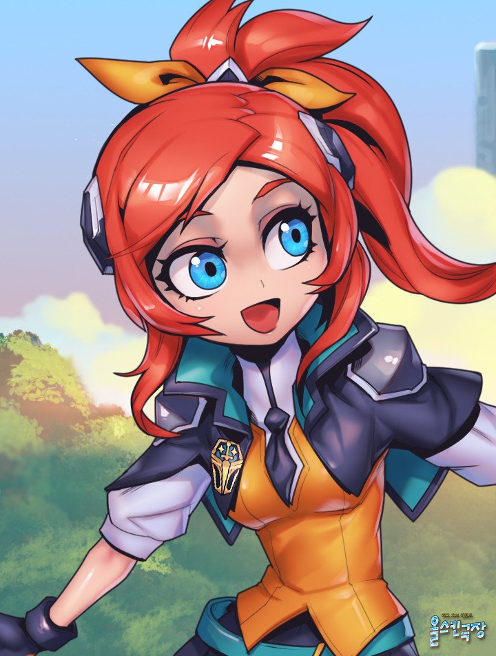 1girl :d bangs battle_academia_lux black_capelet black_gloves black_necktie capelet day forest gloves green_eyes grey_shirt hair_ornament hair_ribbon league_of_legends looking_to_the_side lux_(league_of_legends) nature necktie open_mouth orange_ribbon orange_vest outdoors phantom_ix_row red_hair ribbon shiny_skin shirt side_ponytail smile solo translation_request vest