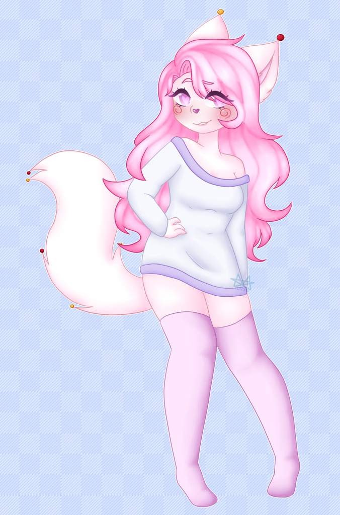 &lt;3 &lt;3_eyes anthro arctic_wolf breasts canid canine canis checkered_background cheek_markings clothed clothing cristali_(character) facial_markings female hair hand_on_hip head_markings heart_nose legwear long_hair looking_at_viewer mammal markings pattern_background pink_eyes pink_hair pink_stockings purple_clothing purple_sweater purple_topwear simple_background solo stockings sweater swirl_pattern topwear unknown_artist valdroxx_studios wolf