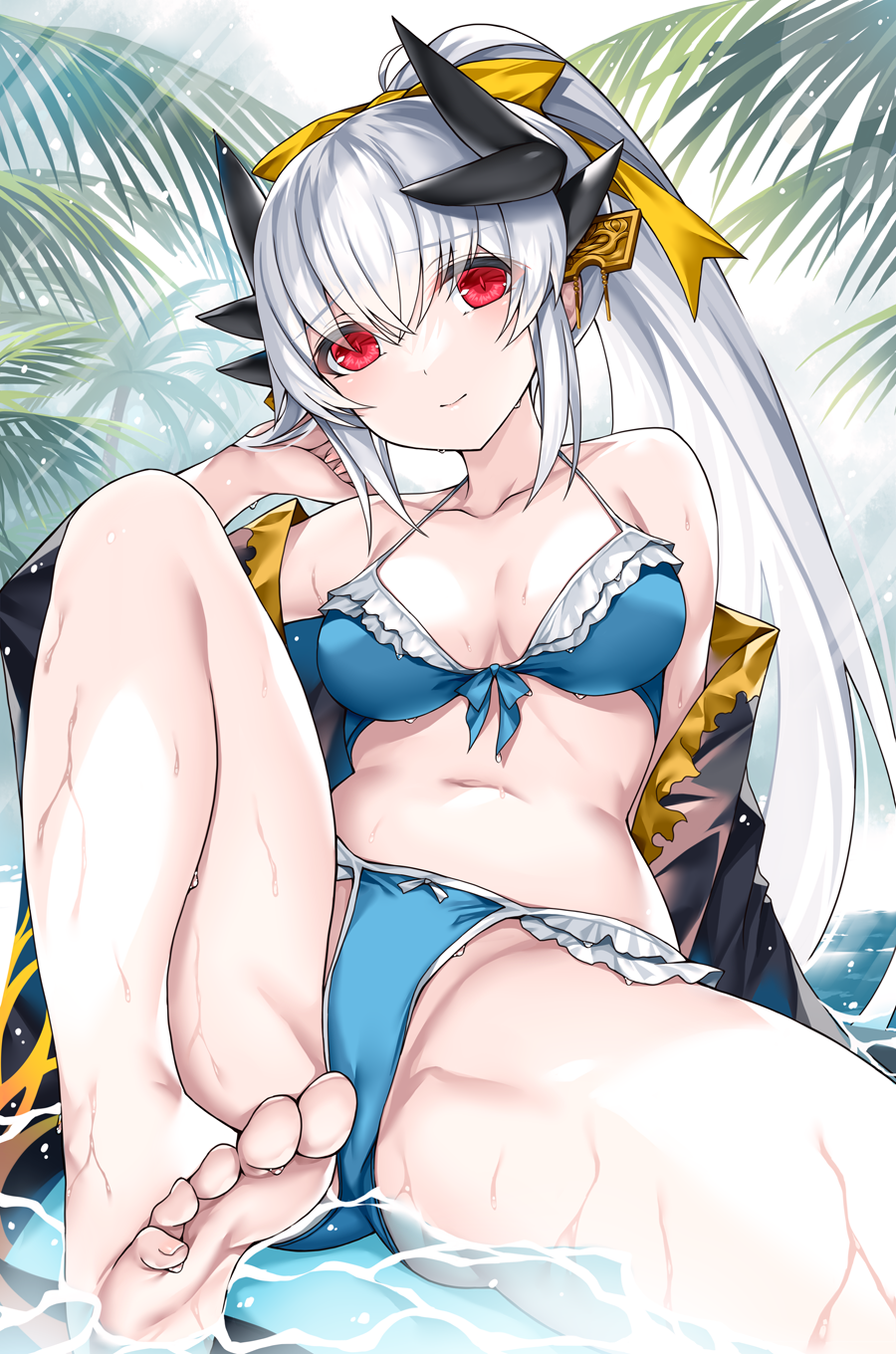 1girl bare_shoulders barefoot bikini blue_bikini blush breasts cleavage closed_mouth collarbone commentary_request dragon_girl dragon_horns fate/grand_order fate_(series) feet hair_ornament highres horns kiyohime_(fate) large_breasts long_hair long_sleeves looking_at_viewer morizono_shiki navel off_shoulder ponytail red_eyes sitting smile solo stomach swimsuit thighs toes water wet white_hair